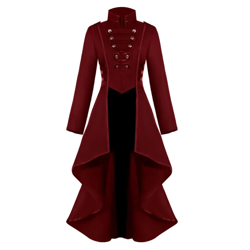 Black steampunk Victorian tailcoat jacket for women, Gothic cosplay costume with ornate details, suitable for Halloween or costume events.