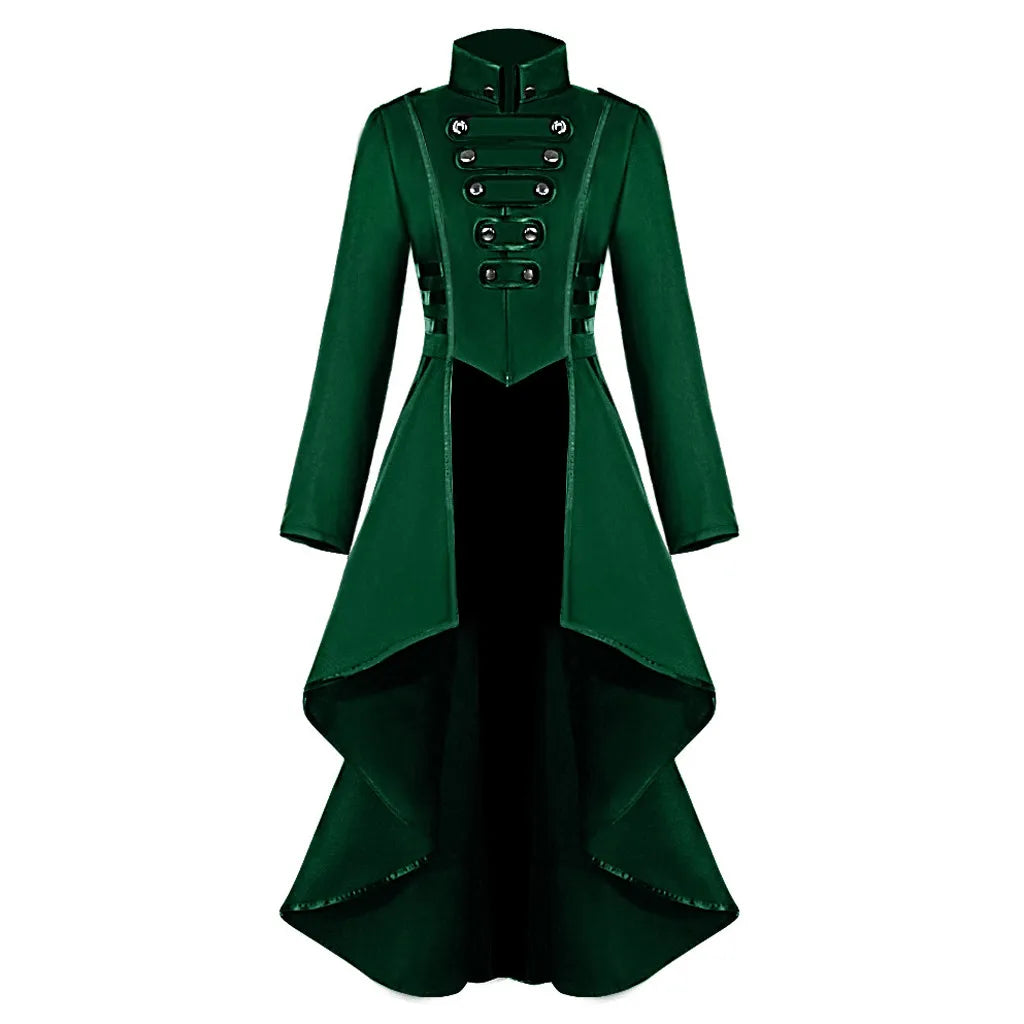 Black Victorian-style steampunk women's tailcoat jacket with gothic details, perfect for cosplay, Halloween, or Victorian costumes.