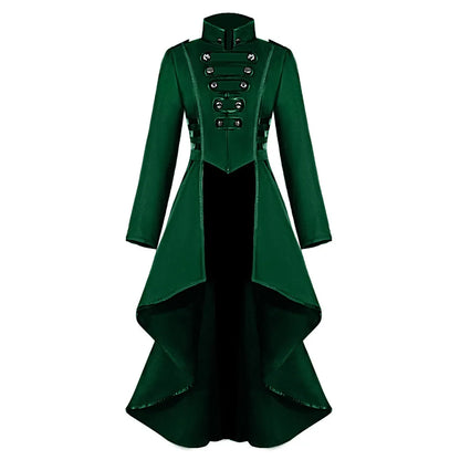 Black Victorian-style steampunk women's tailcoat jacket with gothic details, perfect for cosplay, Halloween, or Victorian costumes.