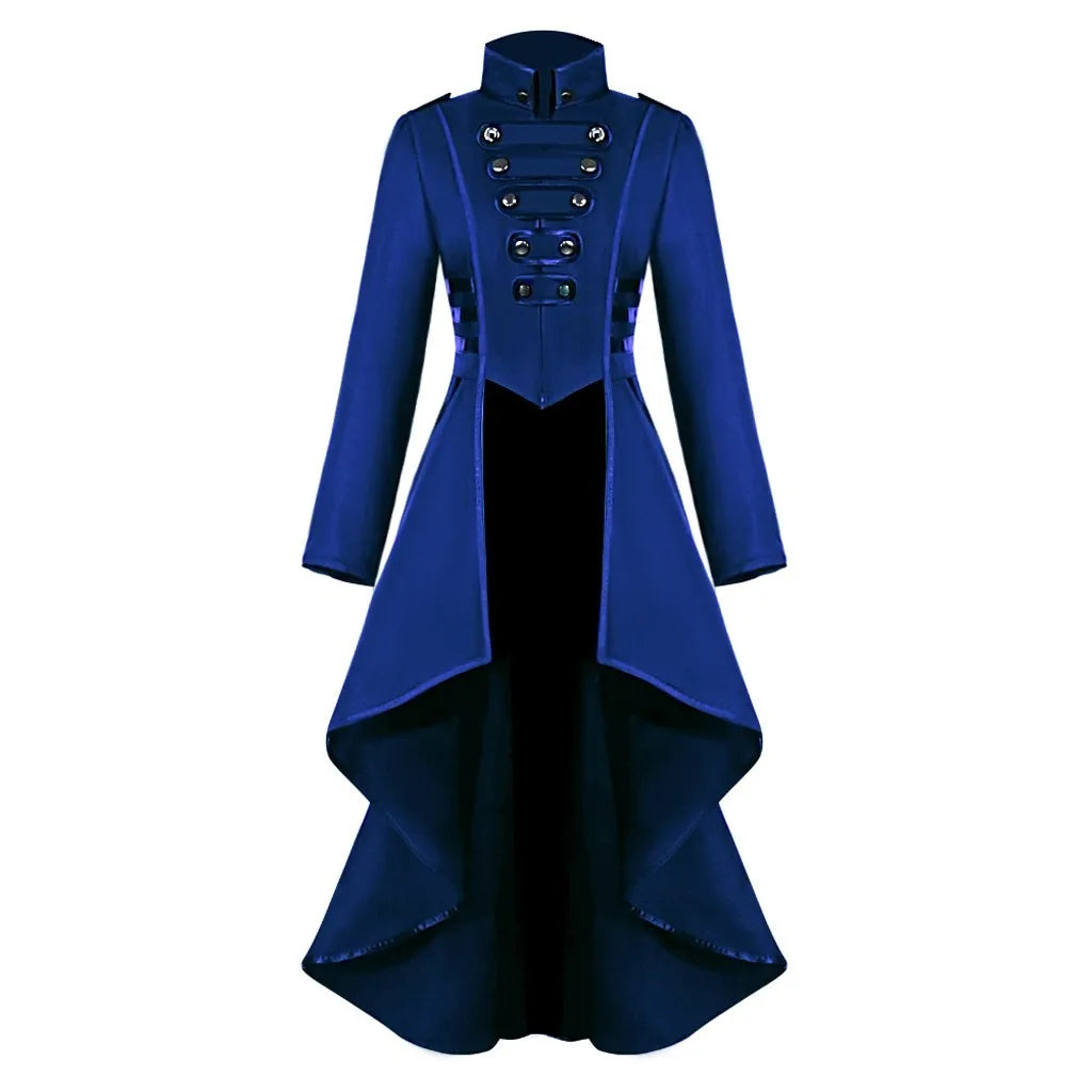 Black Victorian-style steampunk tailcoat jacket for women, featuring gothic details and a tuxedo-inspired design.
