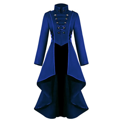 Black Victorian-style steampunk tailcoat jacket for women, featuring gothic details and a tuxedo-inspired design.