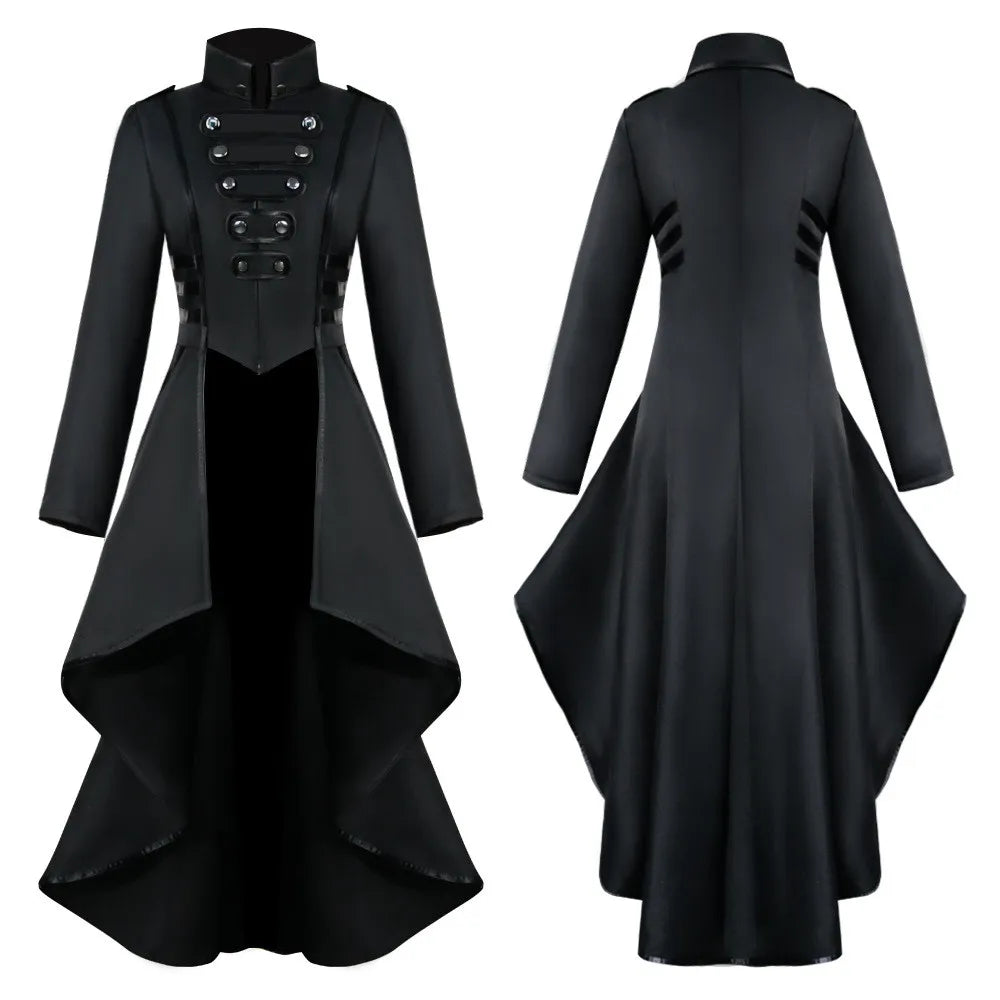 Black steampunk women's Victorian tailcoat jacket with gothic gothic details, suitable for cosplay, Halloween, or themed parties.
