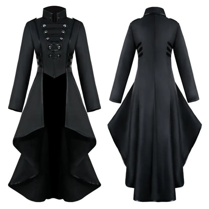 Black steampunk women's Victorian tailcoat jacket with gothic gothic details, suitable for cosplay, Halloween, or themed parties.