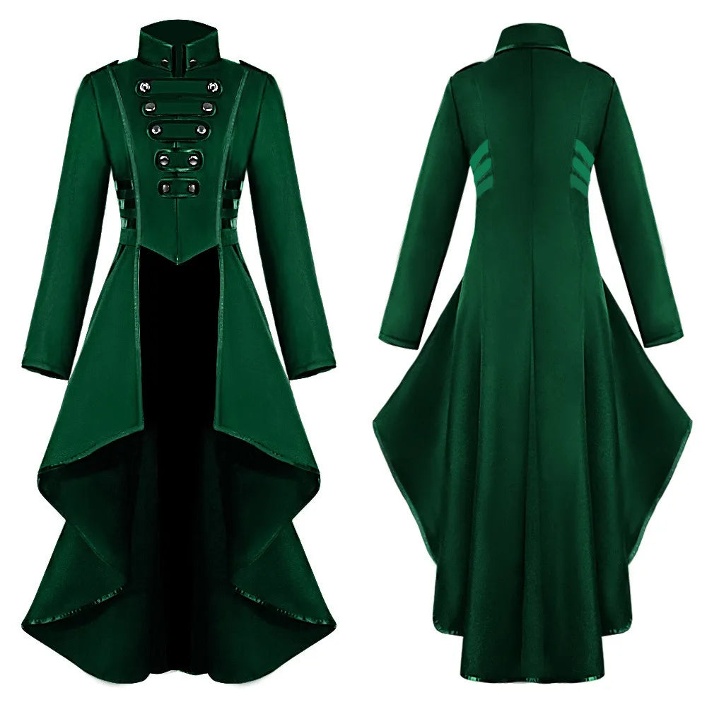 Black retro medieval steampunk gothic cosplay women's tailcoat jacket with Victorian style, suitable for Halloween or costume parties.