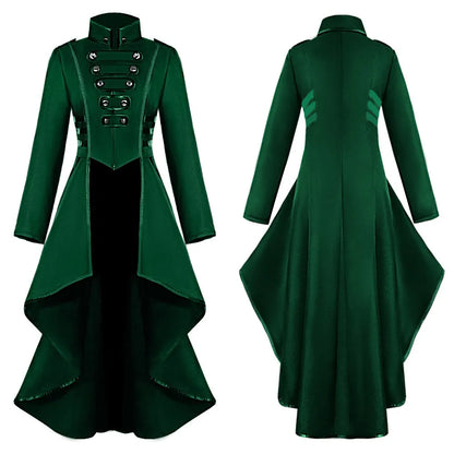Black retro medieval steampunk gothic cosplay women's tailcoat jacket with Victorian style, suitable for Halloween or costume parties.