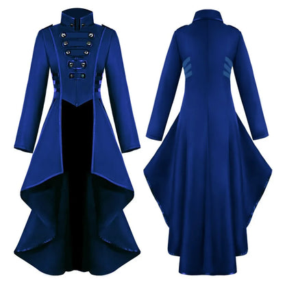Black retro medieval steampunk gothic cosplay women's tailcoat jacket with Victorian style, suitable for Halloween or costume parties.