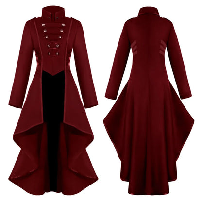 Black retro medieval steampunk cosplay women's tailcoat jacket with gothic Victorian style, suitable for Halloween or costume parties.