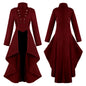 Black retro medieval steampunk cosplay women's tailcoat jacket with gothic Victorian style, suitable for Halloween or costume parties.