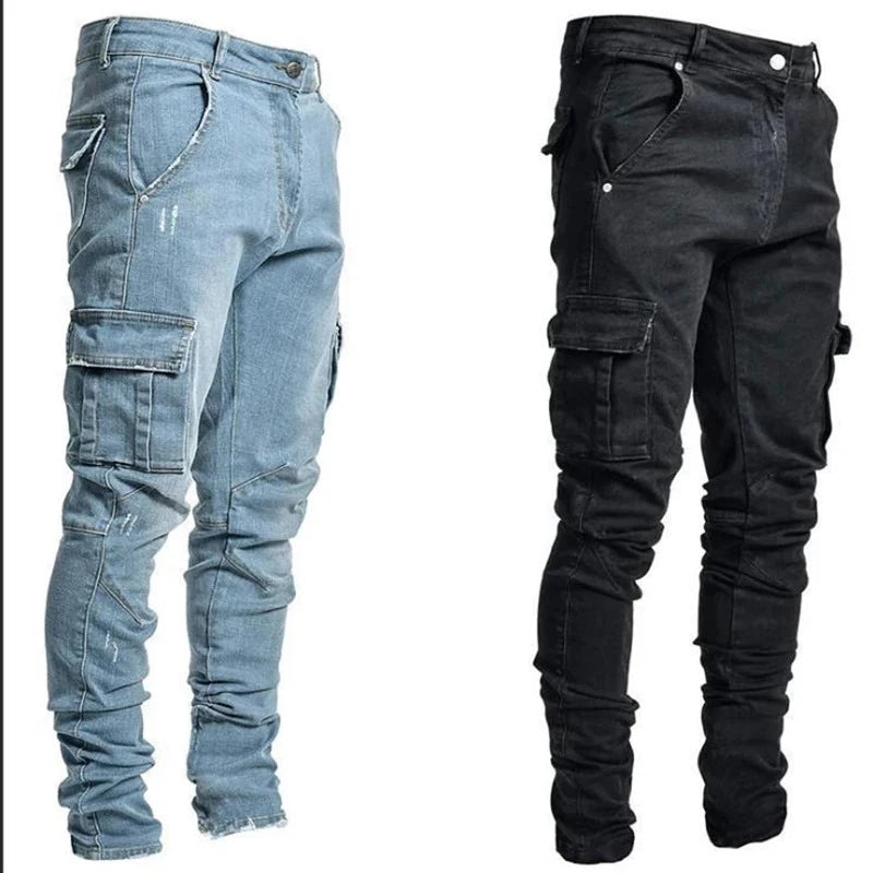 Men's black elastic denim cargo jeans with multi pockets, slim fit, mid waist, casual streetwear joggers by BACKUPMYFILESNOW.COM®
