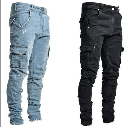 Men's black elastic denim cargo jeans with multi pockets, slim fit, mid waist, casual streetwear joggers by BACKUPMYFILESNOW.COM®
