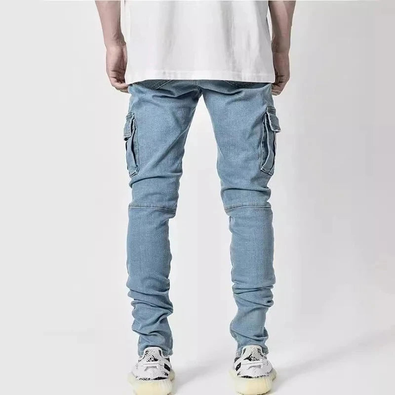 Black men's elastic denim cargo jeans with multiple pockets, slim fit, casual style, mid waist, suitable for daily wear.