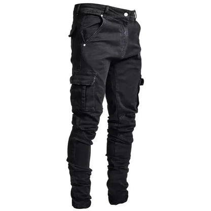 Men's black elastic denim jeans with multi pockets, cargo style, slim fit, casual mid-waist joggers for daily wear.