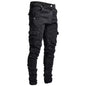 Men's black elastic denim jeans with multi pockets, cargo style, slim fit, casual mid-waist joggers for daily wear.