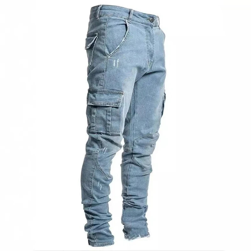 Men's black elastic denim cargo jeans with multiple pockets, slim fit, casual style, mid waist, streetwear fashion by BACKUPMYFILESNOW.COM®