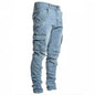 Men's black elastic denim cargo jeans with multiple pockets, slim fit, casual style, mid waist, streetwear fashion by BACKUPMYFILESNOW.COM®