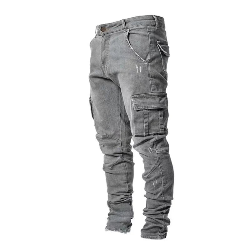 Men's black elastic denim cargo jeans with multiple pockets, slim fit casual joggers, mid waist, streetwear style by BACKUPMYFILESNOW.COM®