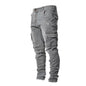 Men's black elastic denim cargo jeans with multiple pockets, slim fit casual joggers, mid waist, streetwear style by BACKUPMYFILESNOW.COM®
