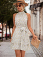 Floral sleeveless halter neck dress for women by BACKUPMYFILESNOW.COM®, stylish summer dress with bright floral pattern.