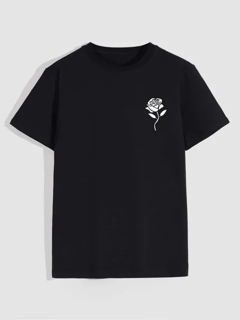 Men's casual crew neck T-shirt with rose print, oversized fit, by BACKUPMYFILESNOW.COM®. Stylish, comfortable men's fashion top.