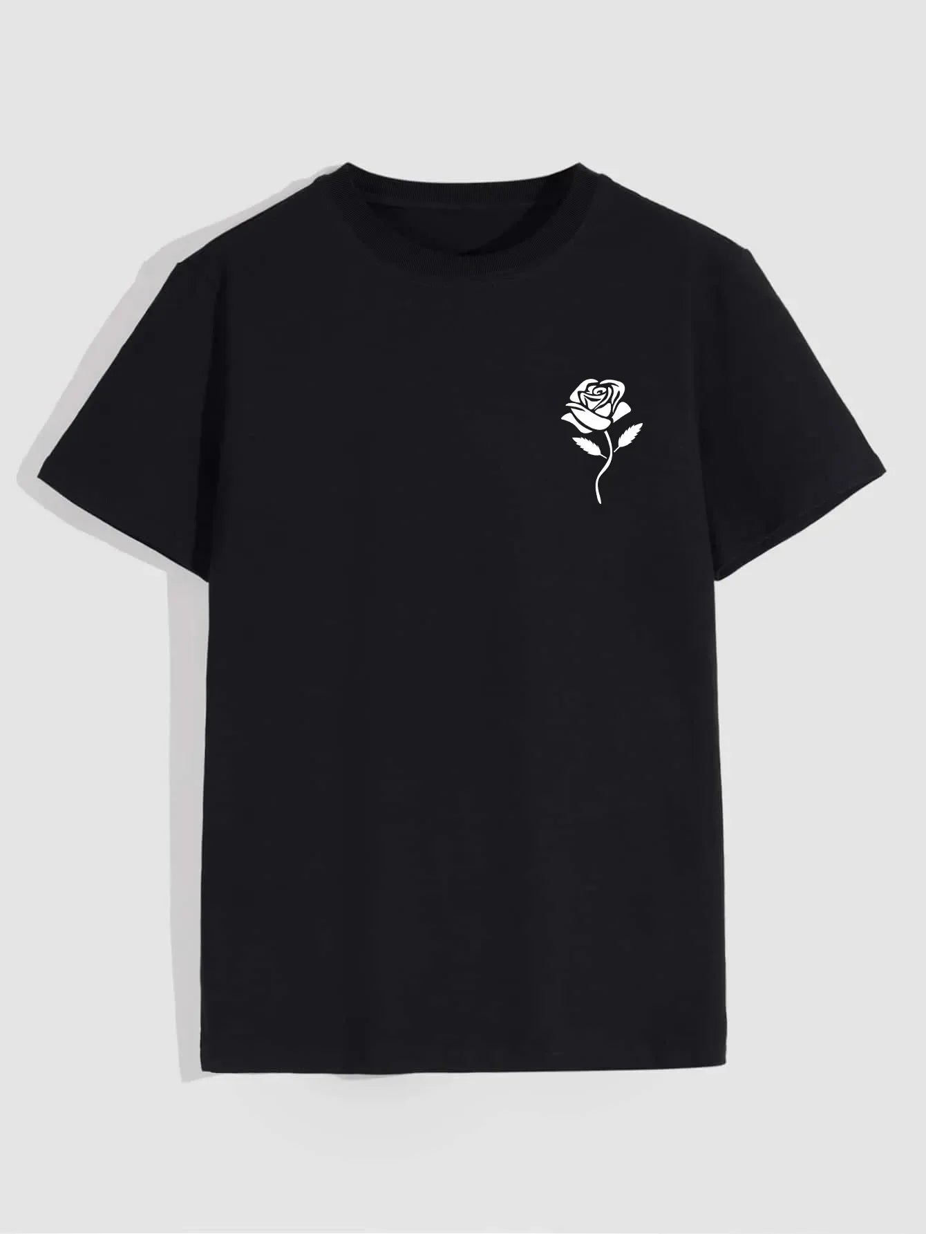 Men's casual crew neck T-shirt with rose print, oversized fit by BACKUPMYFILESNOW.COM® featuring a stylish floral design.