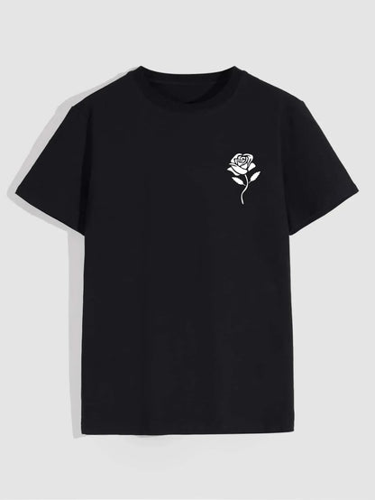 Men's casual crew neck T-shirt with rose print, oversized fit by BACKUPMYFILESNOW.COM® featuring a stylish floral design.