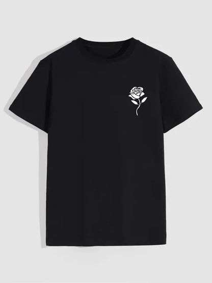 Men's casual crew neck T-shirt with rose print in regular or oversize fit, by BACKUPMYFILESNOW.COM®.