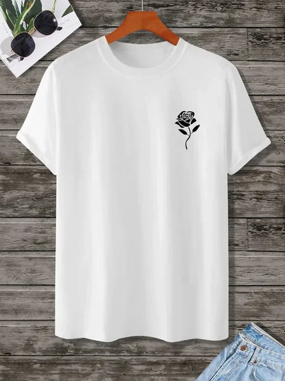 Men's casual crew neck T-shirt with rose print, oversized fit, by BACKUPMYFILESNOW.COM® in soft fabric and stylish design.