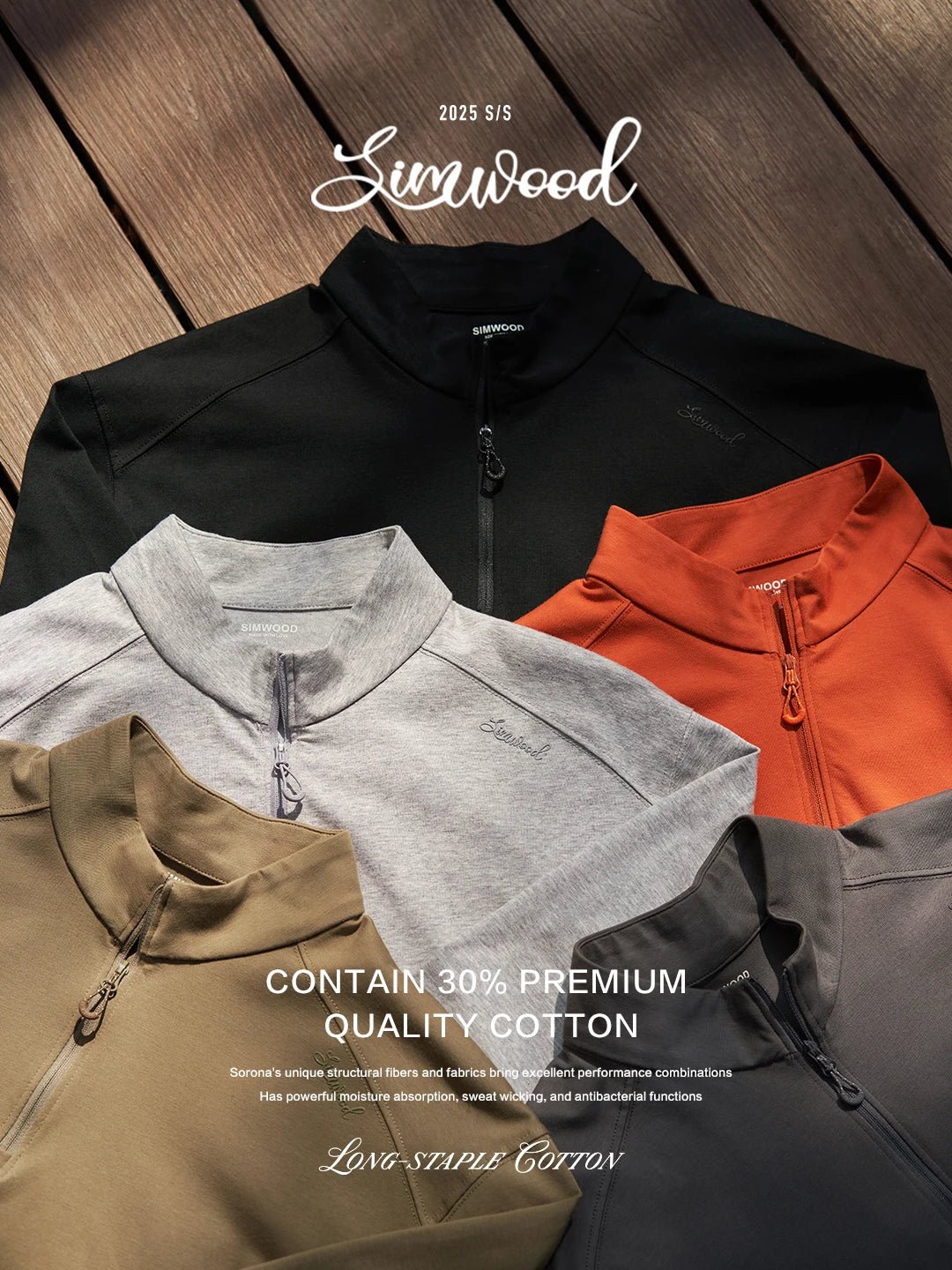 Simwood men's black long sleeve T-shirt with half-zip, breathable Sorona fabric, regular fit, suitable for spring.