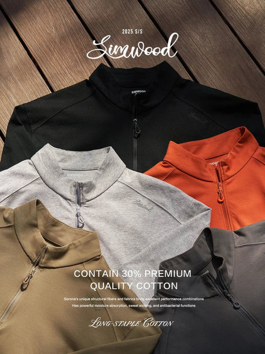 Simwood men's black long sleeve T-shirt with half-zip, breathable Sorona fabric, regular fit, suitable for spring.