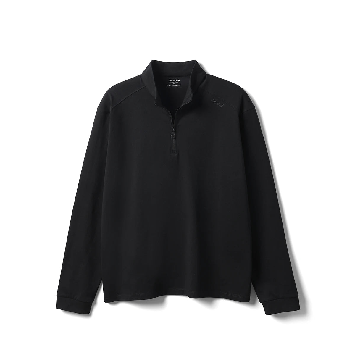 Black SIMWOOD 2026 men's long sleeve T-shirt with half-zip, breathable Sorona fabric, regular fit, 230gsm for spring wear.