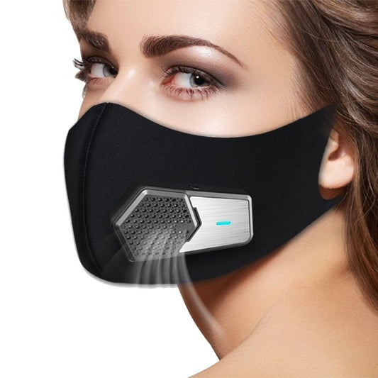 Black KN95 face mask with built-in fan and replaceable filter, wearable mini air purifier for dust and sawdust protection.