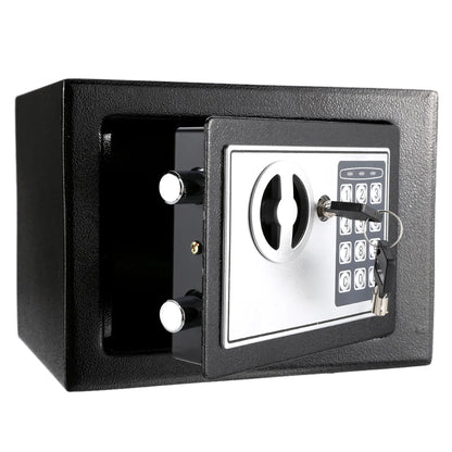 All-steel black mini electronic safe box with digital keypad lock, fireproof security for home or office storage.