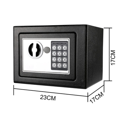 All-steel black mini electronic safe with digital keypad lock, fireproof security box for home and office use.