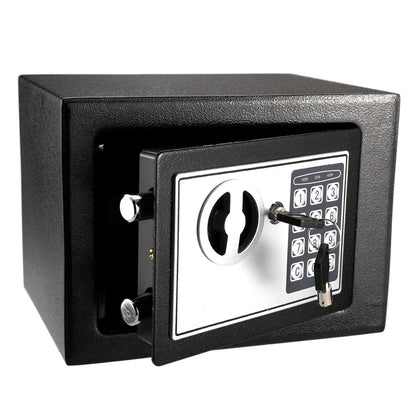 All-steel black mini electronic safe with digital keypad lock, fireproof security box for home or office storage.