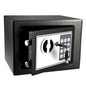 All-steel black mini electronic safe with digital keypad lock, fireproof security box for home or office storage.