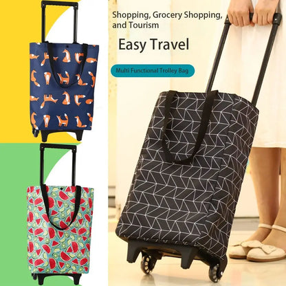 Black collapsible trolley bag with wheels, reusable folding shopping cart for groceries and shopping, by BackupMyFilesNow.com