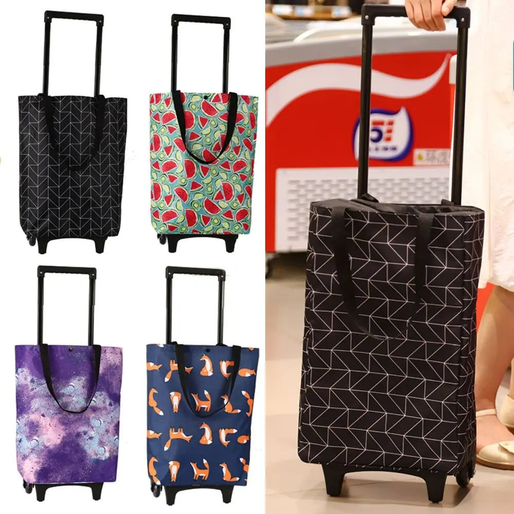 Black collapsible shopping trolley bag with wheels, foldable design, reusable grocery cart for convenient shopping.