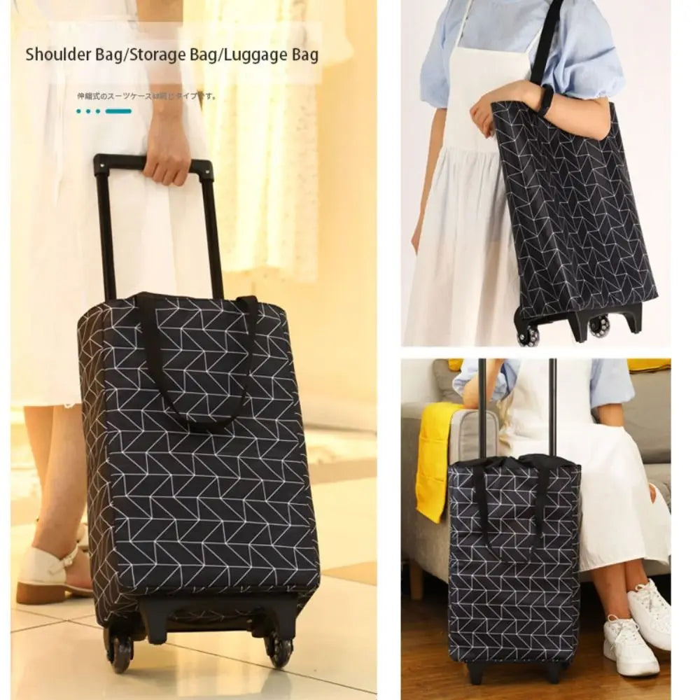 Black collapsible trolley bag with wheels, reusable shopping cart for groceries, foldable design, ideal for carrying groceries easily.