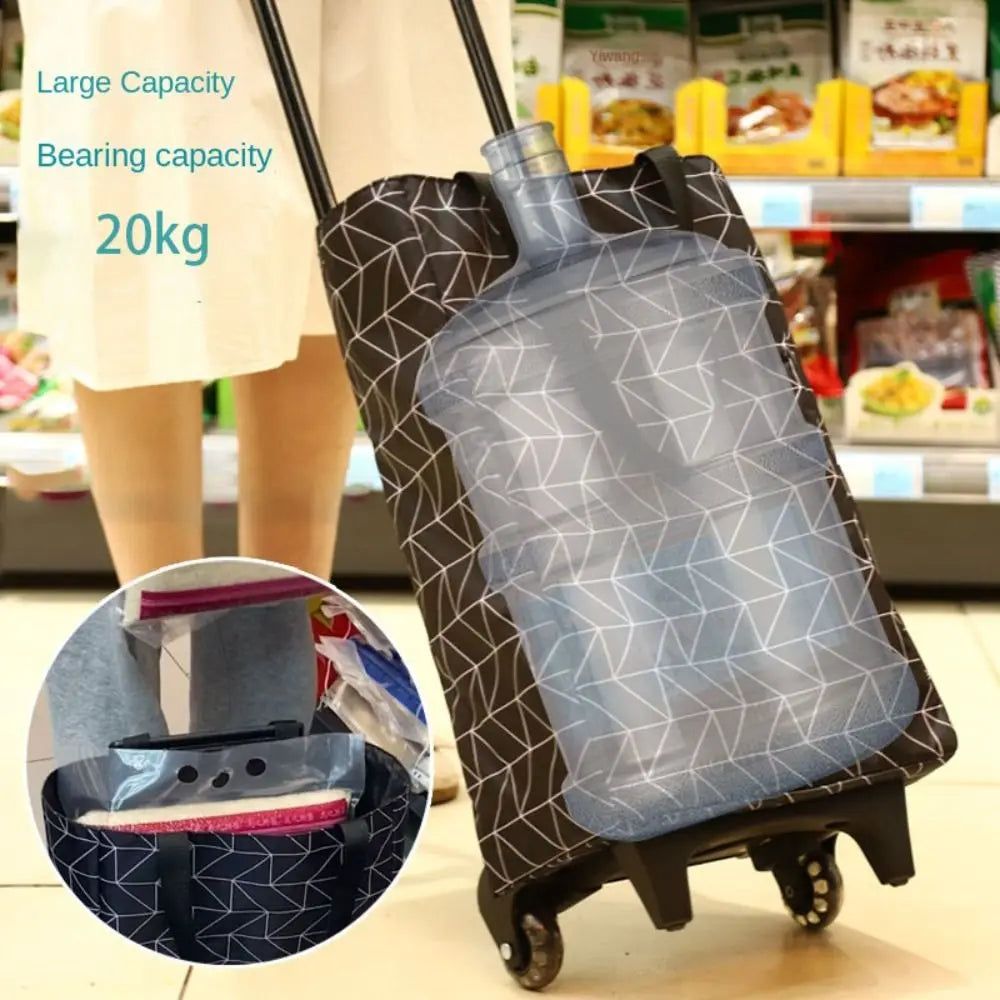 Black collapsible shopping trolley bag with wheels, reusable grocery cart for shopping and carrying groceries easily.