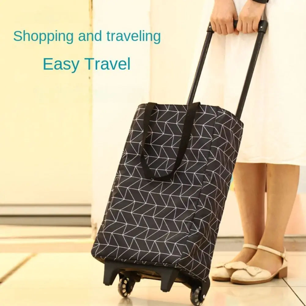 Black collapsible trolley bag with wheels, reusable shopping cart and grocery bags, designed for easy folding and transportation.
