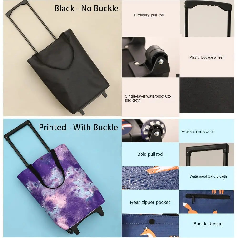 Black collapsible trolley bag with wheels, reusable folding shopping cart for groceries and shopping, designed for convenience.