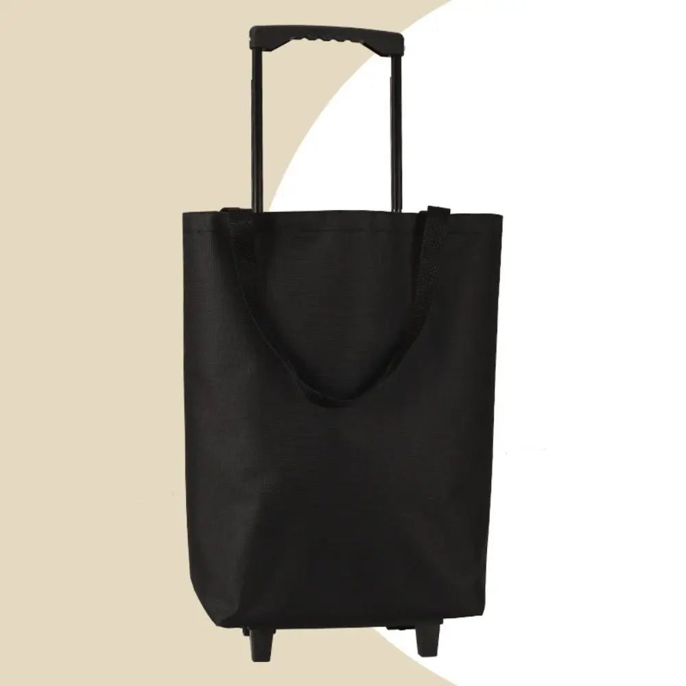 Black collapsible trolley bag with wheels, reusable shopping cart for groceries, folding grocery bag, durable and easy to carry.