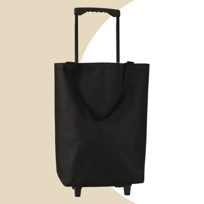 Black collapsible trolley bag with wheels, reusable shopping cart for groceries, folding grocery bag, durable and easy to carry.