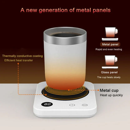 Black coffee mug warmer pad with electric heater and coaster for maintaining temperature, ideal for home or office use.