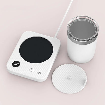 Black coffee mug warmer pad with electric heater, constant temperature control, suitable for home or office use.