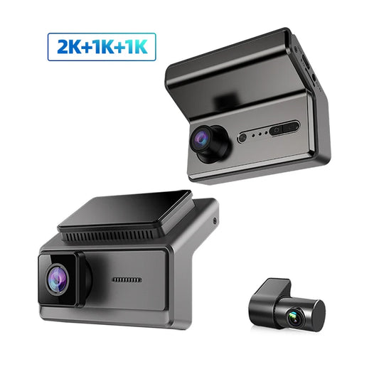 Wide-angle 3-lens dash camera from BackupMyFilesNow.com showing black car camera with 2K and 1080p recording, no screen, and ACC power supply.