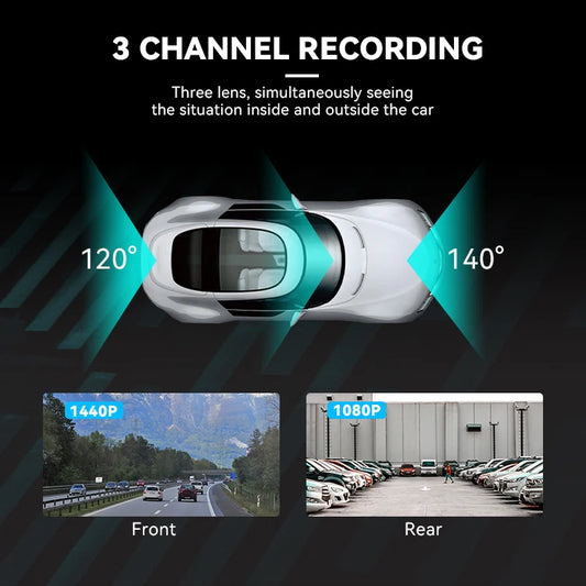 Wide-angle 140°, 110°, 120° dash camera by BackupMyFilesNow.com with 3 lenses, 2K and 1080p recording, black car DVR with power supply