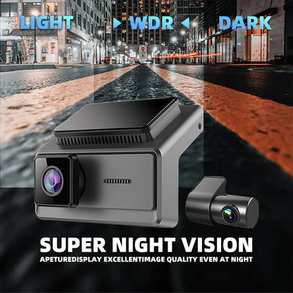 Wide-angle dash camera with three lenses, 2K and 1080p resolution, black DVR recorder with ACC power supply for vehicles.