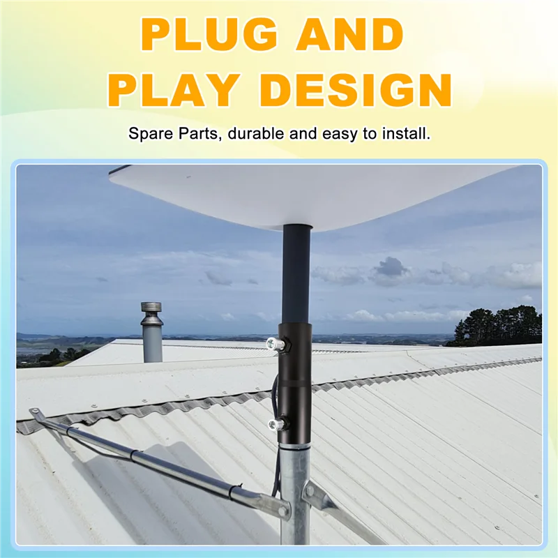 Heavy-duty aluminum Starlink pipe adapter bracket for satellite internet pole mount on roof or wall, black finish.