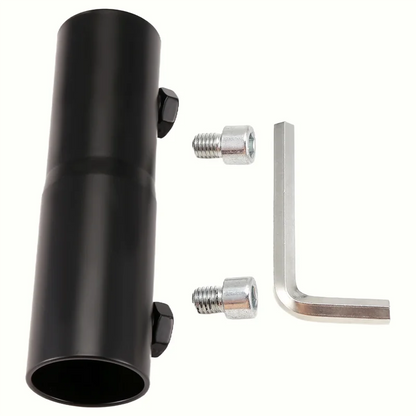 A black aluminum alloy Starlink pipe adapter mounted on a satellite internet pole for roof or wall installation.